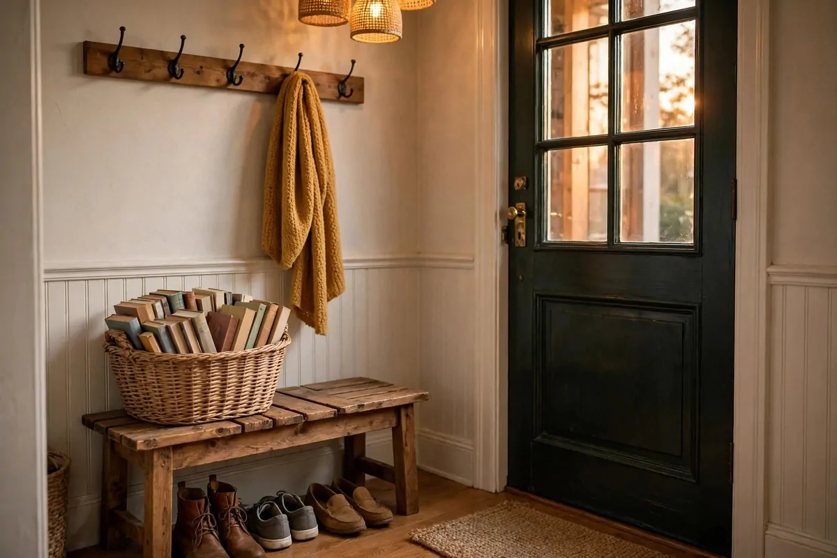 Wooden entryway bench with a basket of paperback books by the front door