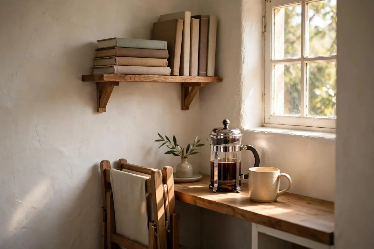 Tiny kitchen corner with cookbook shelf, chair, coffee mug and french press
