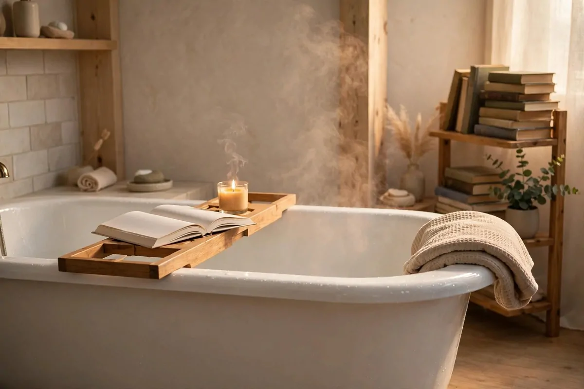 Bathtub with wooden bath caddy holding an open book and a candle