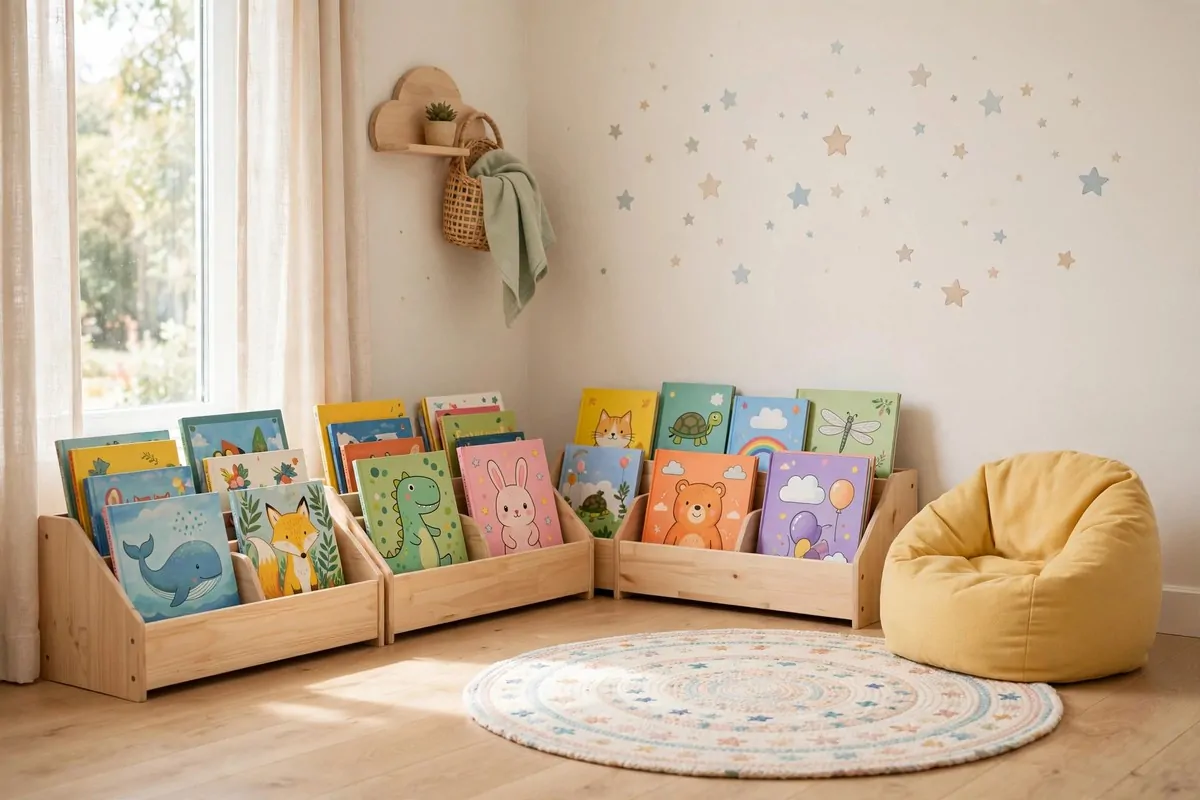 Children's reading corner with forward-facing book bins and a bean bag
