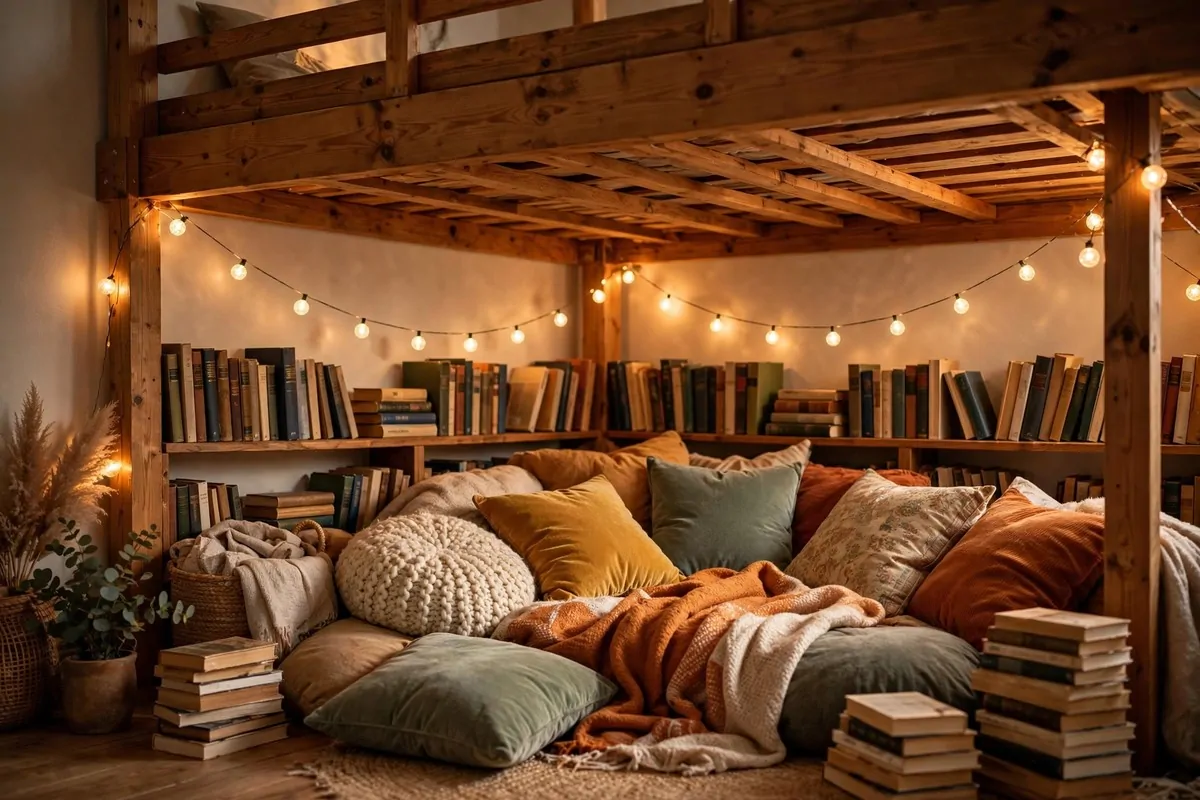 Reading fort under a loft bed with cushions, shelves and warm string lights