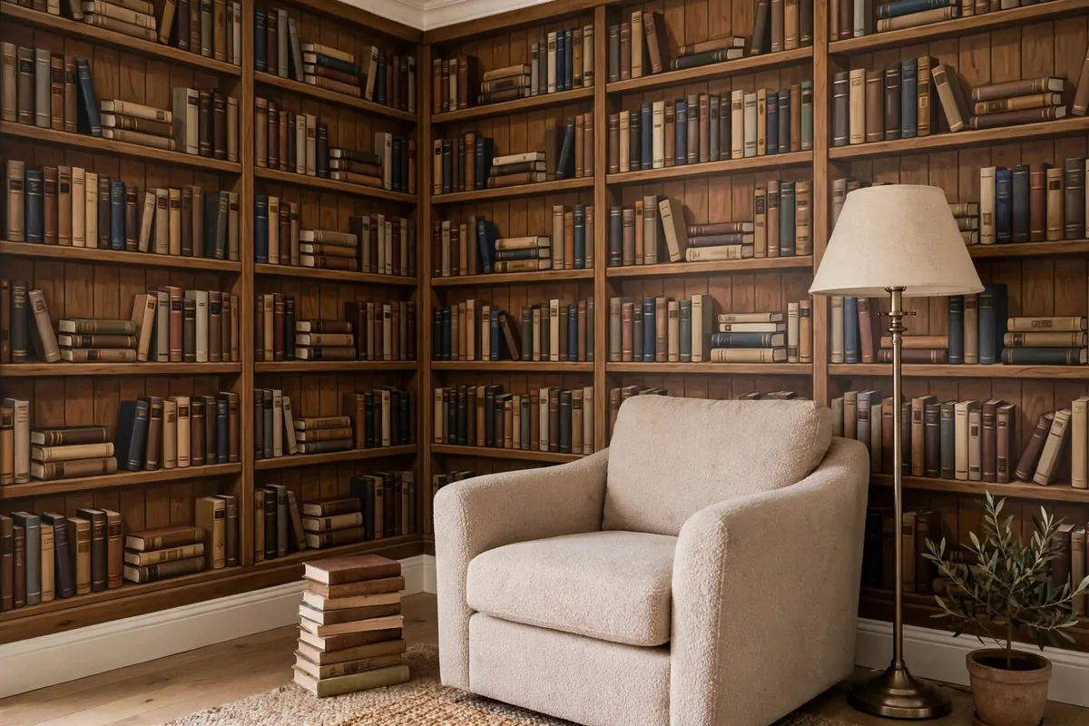 Armchair and lamp in front of a wall painted with a bookshelf mural
