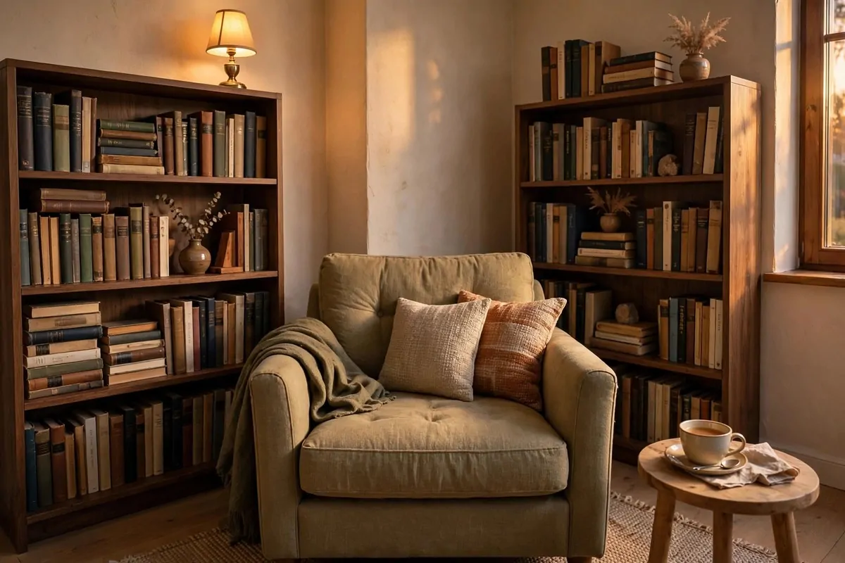 Armchair flanked by two slim tall bookcases full of books