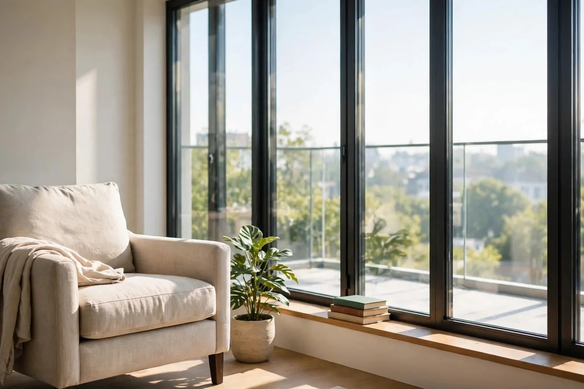 Reading chair beside glass balcony doors in bright daylight