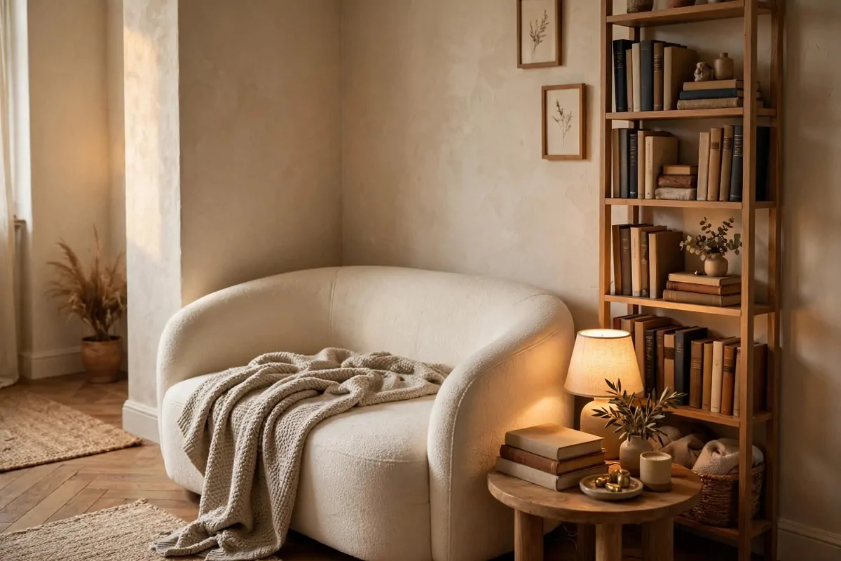 Curved cream loveseat tucked into a corner beside a tall bookshelf
