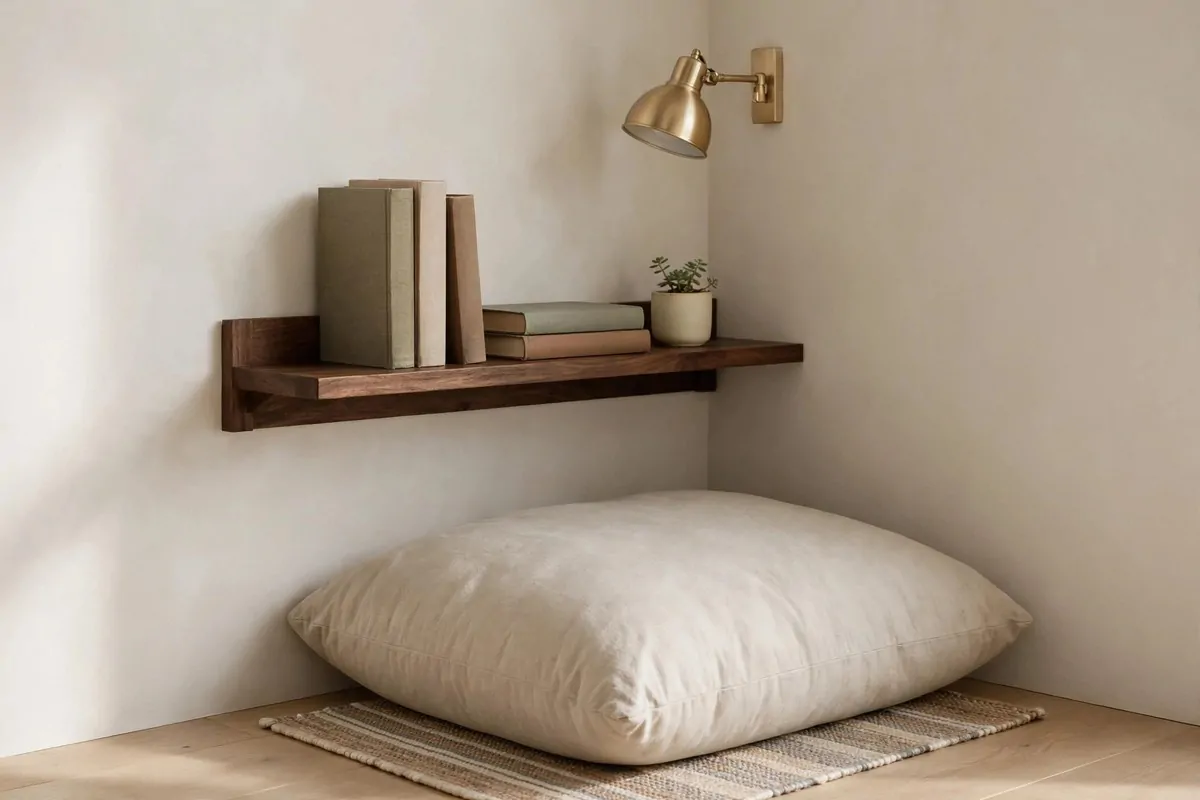 Single deep wooden shelf above a floor cushion in a tiny corner
