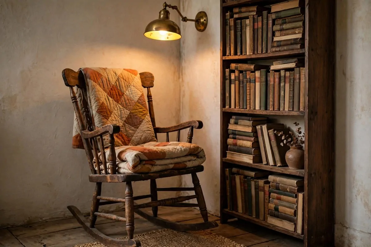 Vintage wooden rocking chair with wall lamp and narrow bookshelf