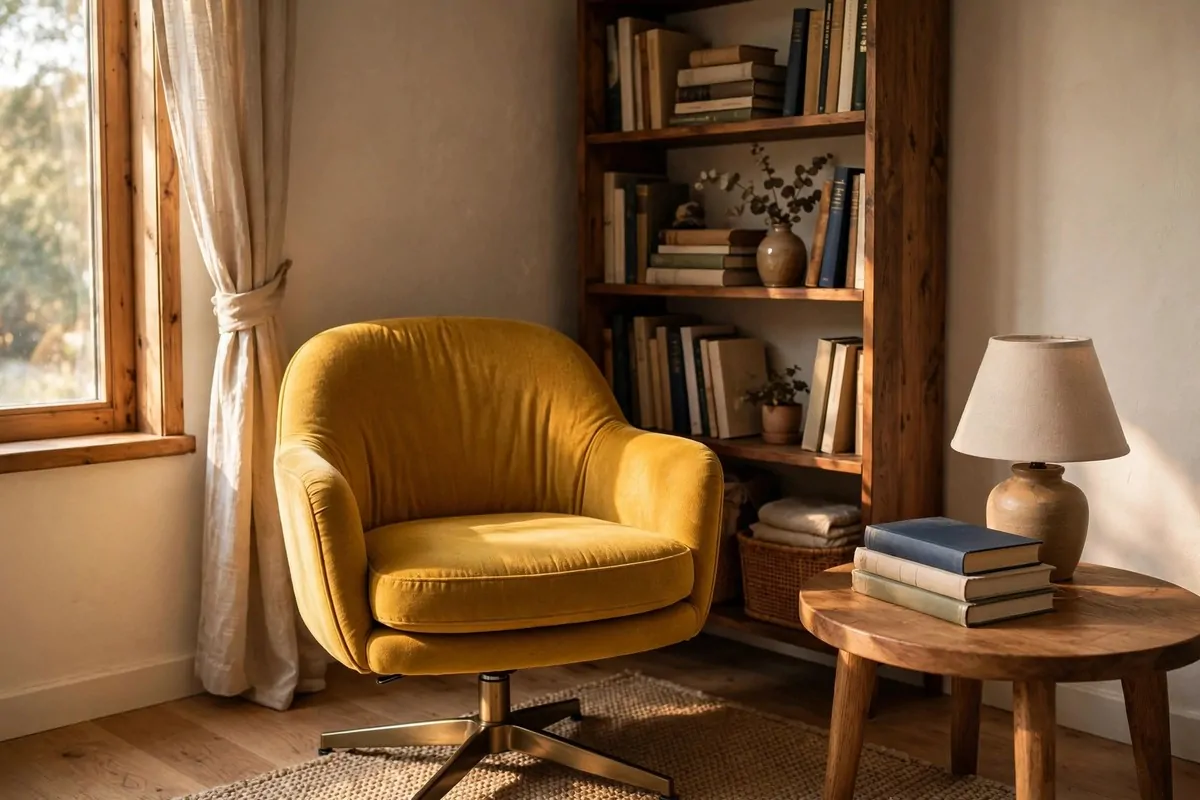 Mustard swivel accent chair with round side table in a book corner