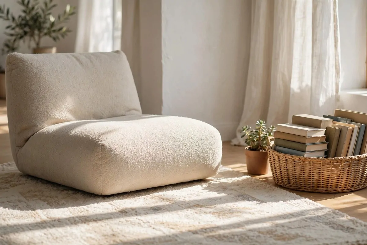 Low floor chair on a rug in a patch of sunlight with a basket of books