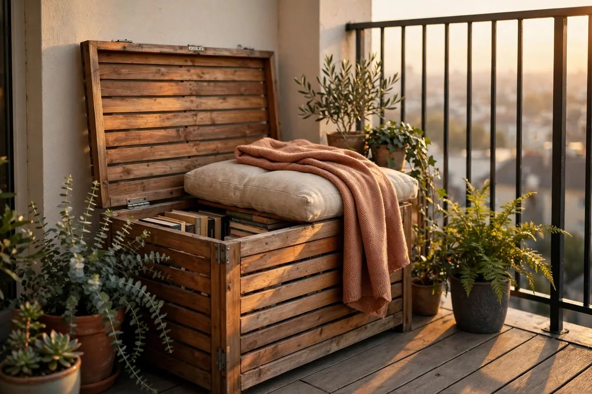 Balcony corner with weatherproof book box, cushion and potted plants