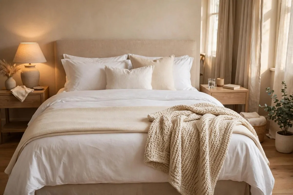 22 Master Bedrooms Decor Ideas for a Hotel-Style Retreat 2 layered bed with white sheets, duvet and folded throw blanket
