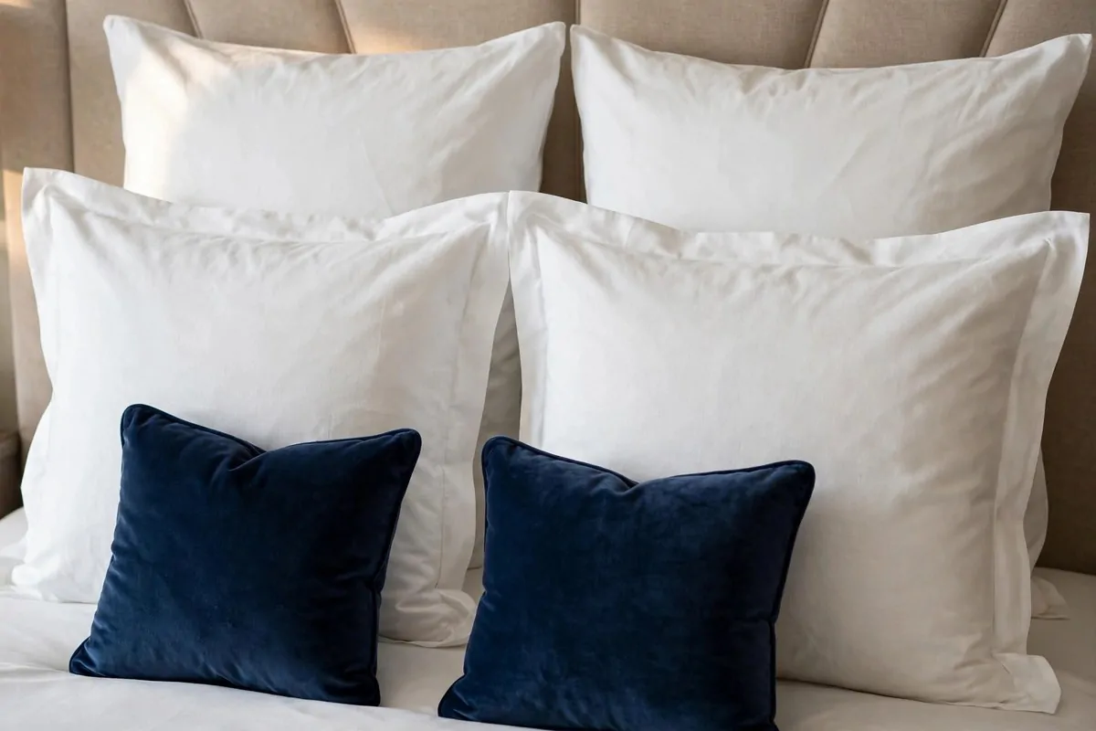 22 Master Bedrooms Decor Ideas for a Hotel-Style Retreat 3 neat stack of white sleeping pillows, euro shams and decorative cushions