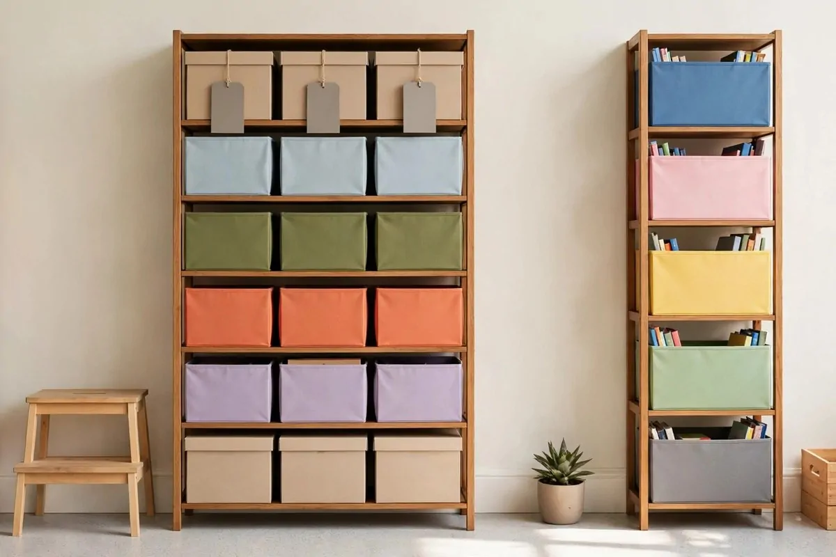 22 Small Classroom Ideas That Make Every Inch Work 1 Tall narrow bookshelves against a classroom wall filled with colorful bins