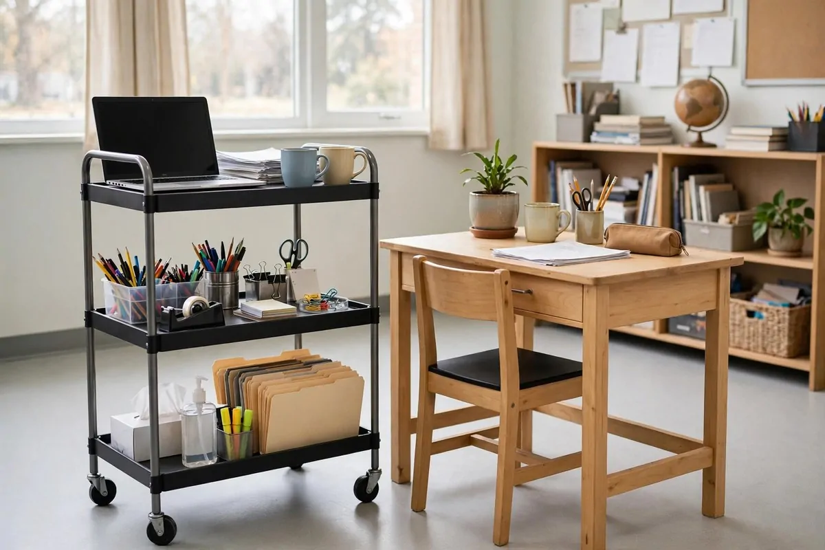 22 Small Classroom Ideas That Make Every Inch Work 2 A three tier rolling cart beside a small teacher desk in a classroom