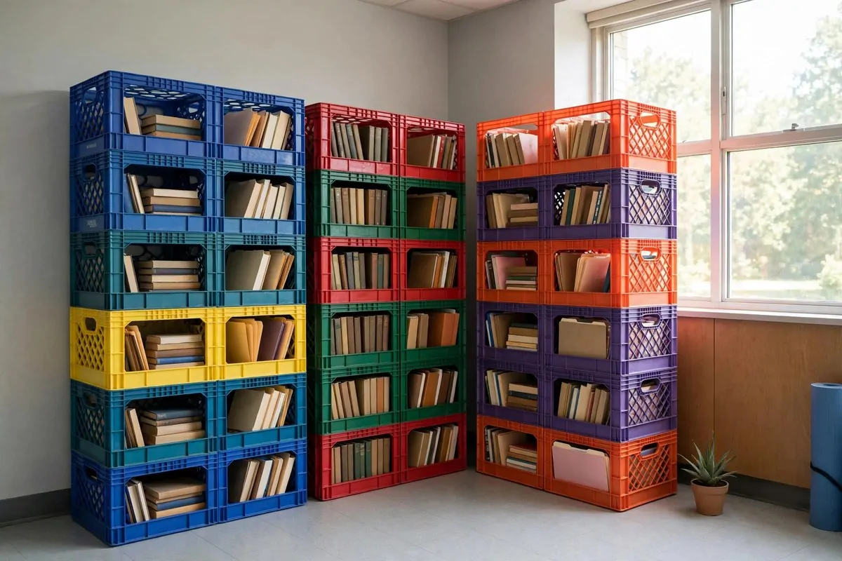 22 Small Classroom Ideas That Make Every Inch Work 3 Colorful milk crates stacked into tall towers holding books and folders