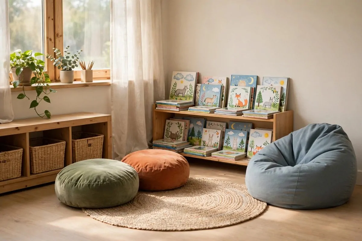 22 Small Classroom Ideas That Make Every Inch Work 4 A cozy corner reading nook with a round rug, cushions and a low bookshelf