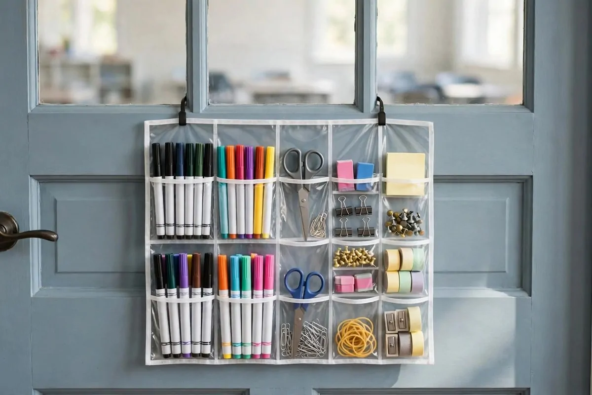 22 Small Classroom Ideas That Make Every Inch Work 5 A clear pocket organizer hanging on a classroom door full of supplies