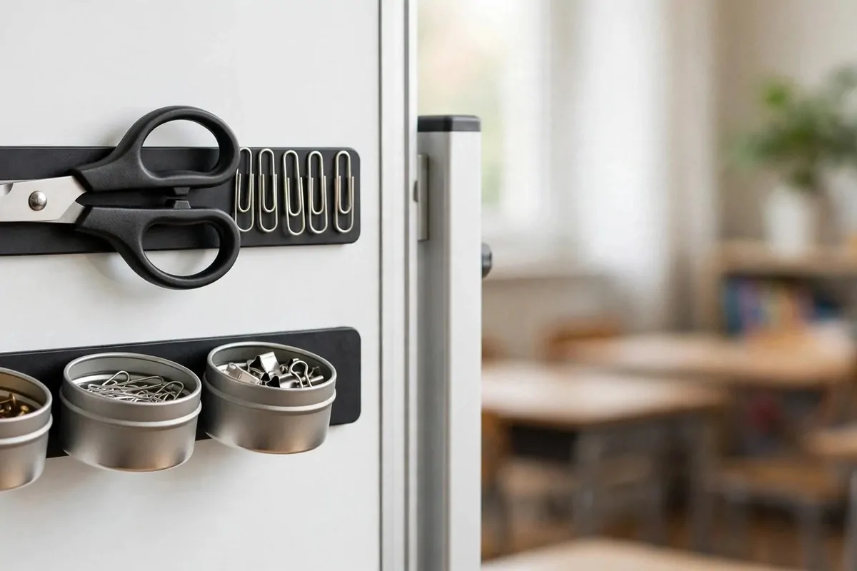22 Small Classroom Ideas That Make Every Inch Work 6 Magnetic strips on a whiteboard holding scissors and small supply tins