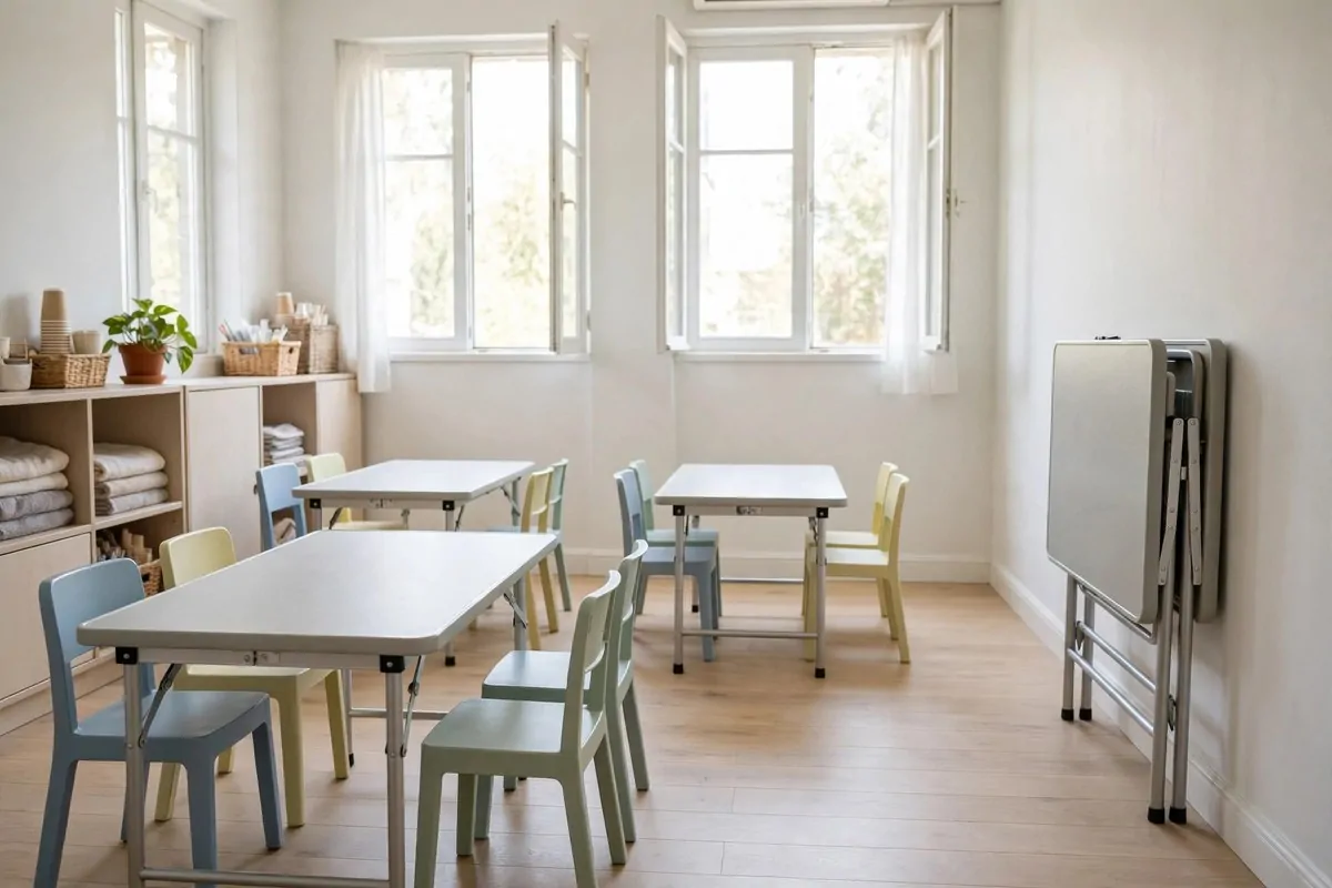 22 Small Classroom Ideas That Make Every Inch Work 7 Lightweight folding tables in a classroom, one folded flat against the wall