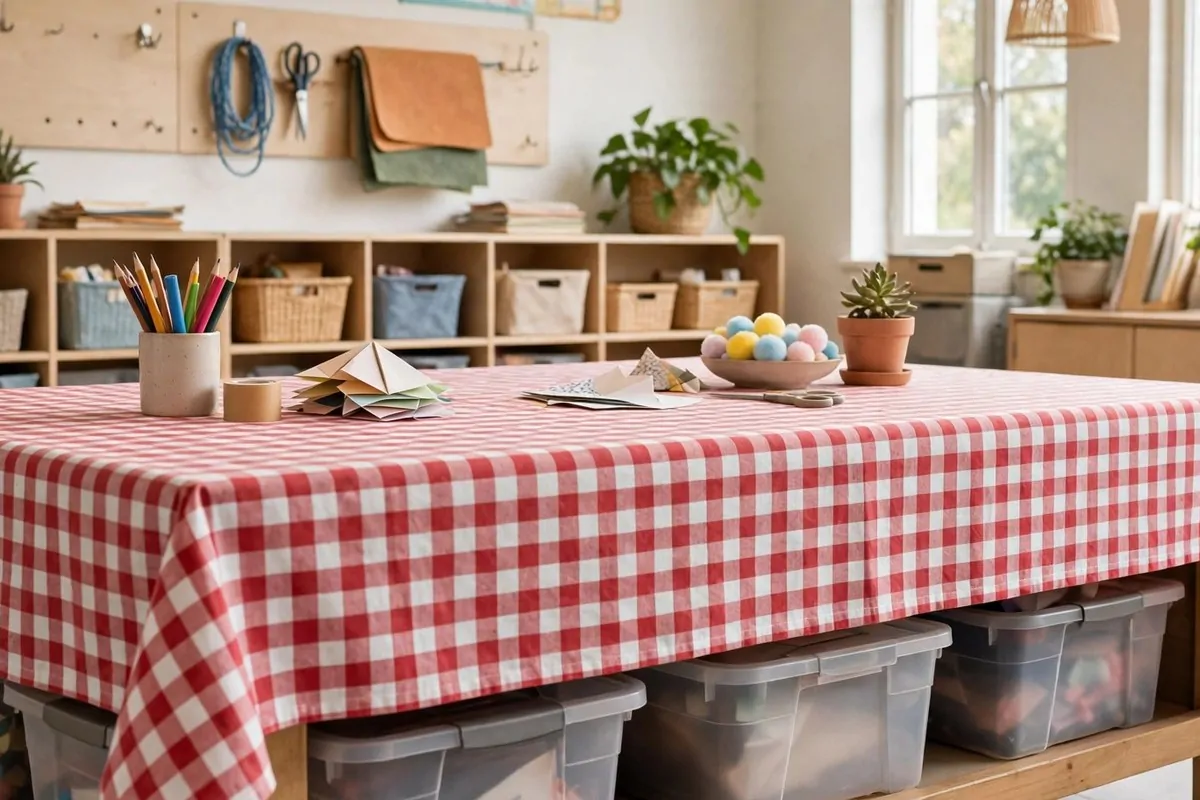 22 Small Classroom Ideas That Make Every Inch Work 8 An activity table with a gingham tablecloth and storage bins tucked underneath