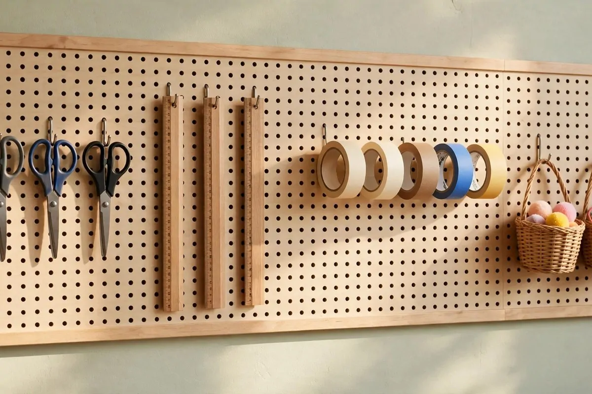 22 Small Classroom Ideas That Make Every Inch Work 9 A pegboard panel with hooks holding scissors, rulers and small baskets