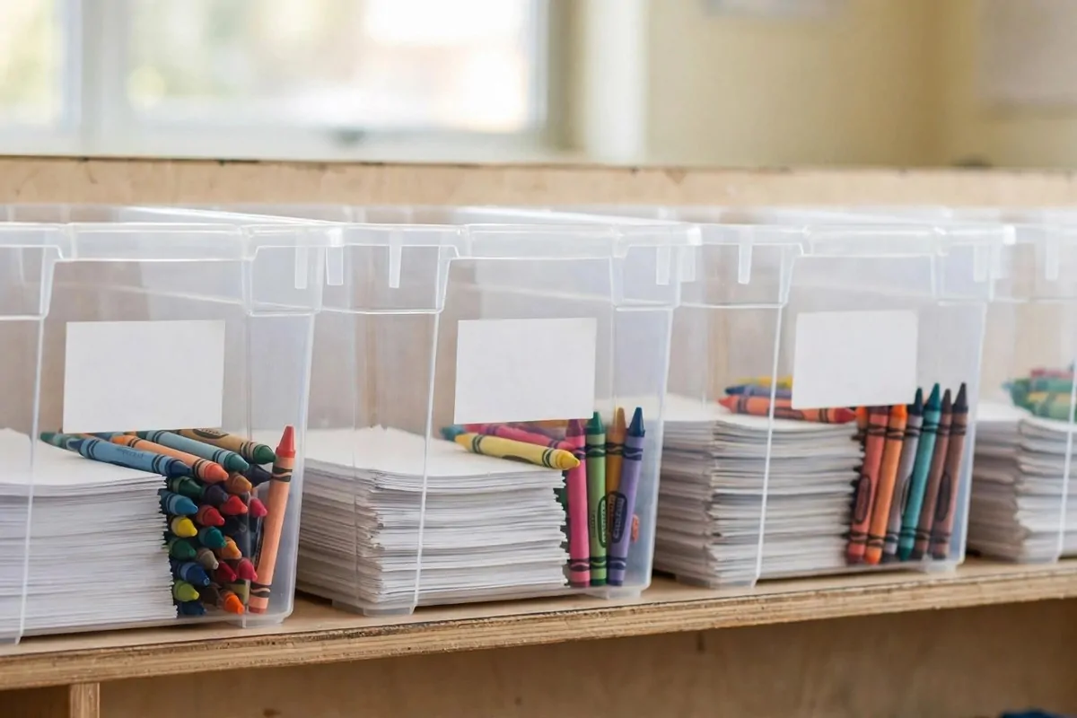 22 Small Classroom Ideas That Make Every Inch Work 10 Clear plastic bins with blank white labels on a low classroom shelf