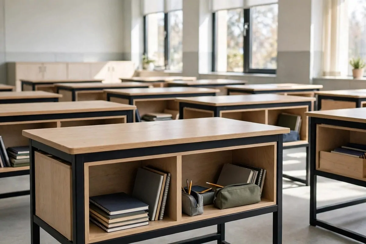 22 Small Classroom Ideas That Make Every Inch Work 11 Student desks with built in book boxes holding notebooks underneath