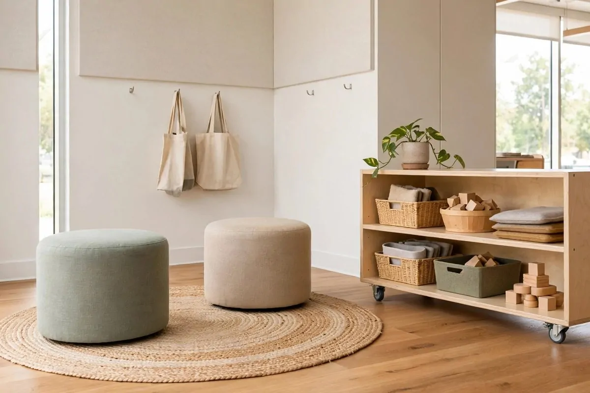 22 Small Classroom Ideas That Make Every Inch Work 12 A flexible corner with a round rug, movable ottomans and a rolling shelf