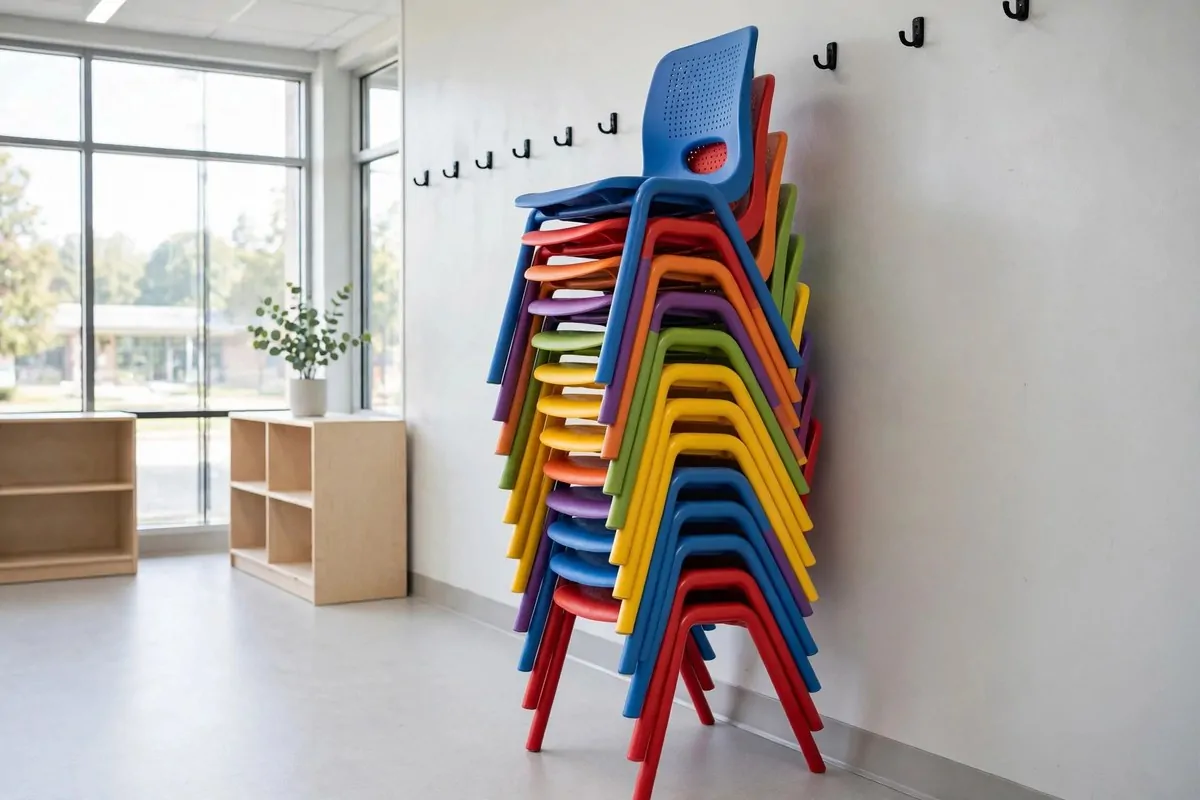 22 Small Classroom Ideas That Make Every Inch Work 13 Colorful school chairs stacked in a tall stack against a wall