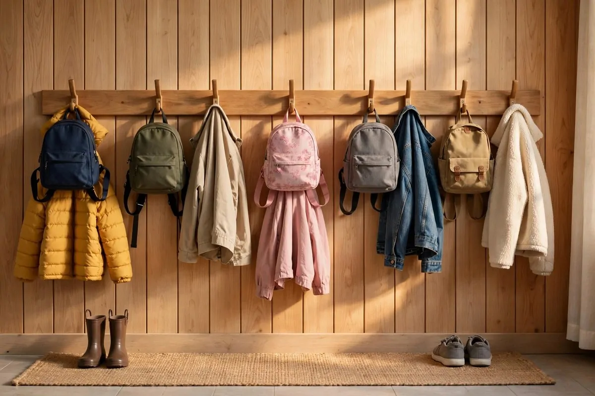 22 Small Classroom Ideas That Make Every Inch Work 14 A row of wooden wall hooks holding backpacks and jackets off the floor