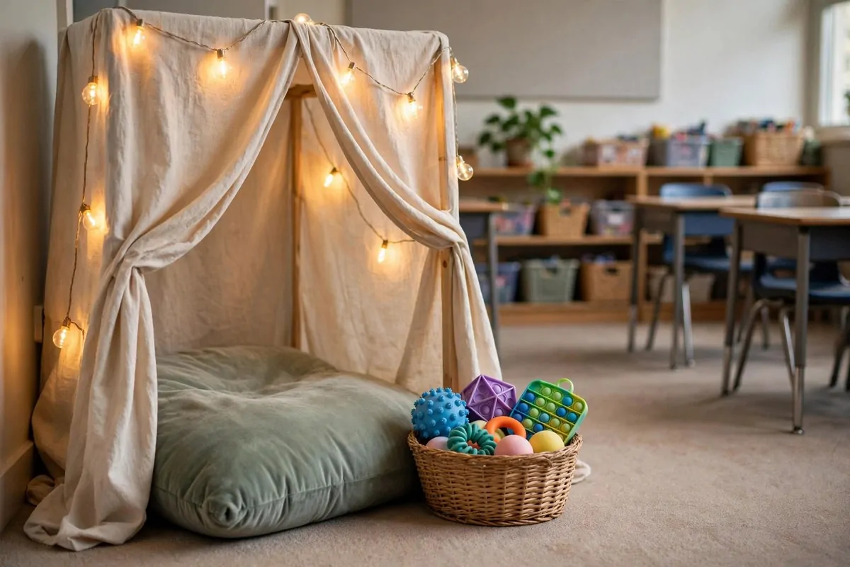 22 Small Classroom Ideas That Make Every Inch Work 15 A quiet calm corner with a canopy, cushion, fidget toys and warm string lights