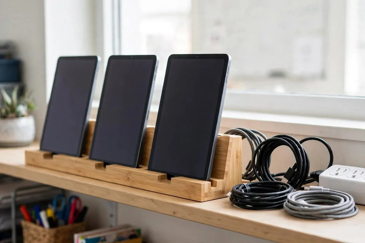 22 Small Classroom Ideas That Make Every Inch Work 16 A small charging station with tablets in slots and neatly coiled cords