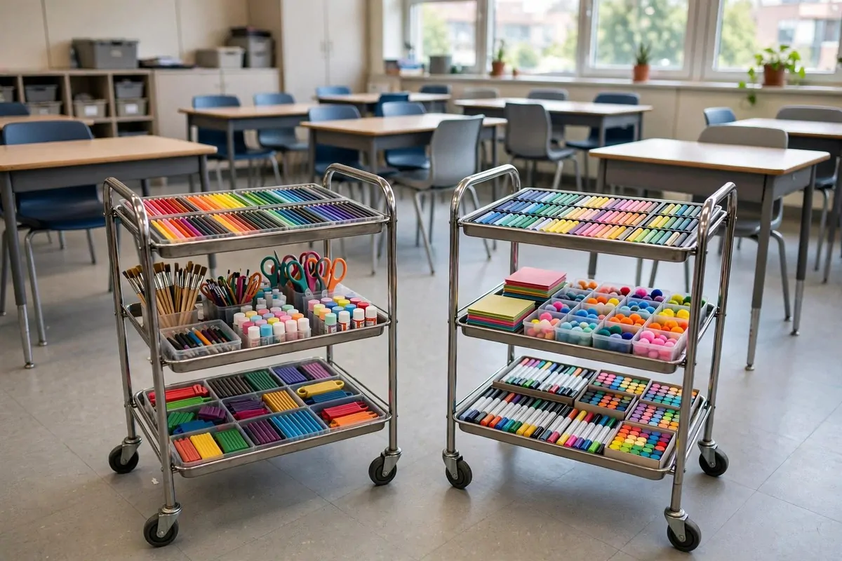 22 Small Classroom Ideas That Make Every Inch Work 17 Two rolling carts with trays of shared art supplies near student desks