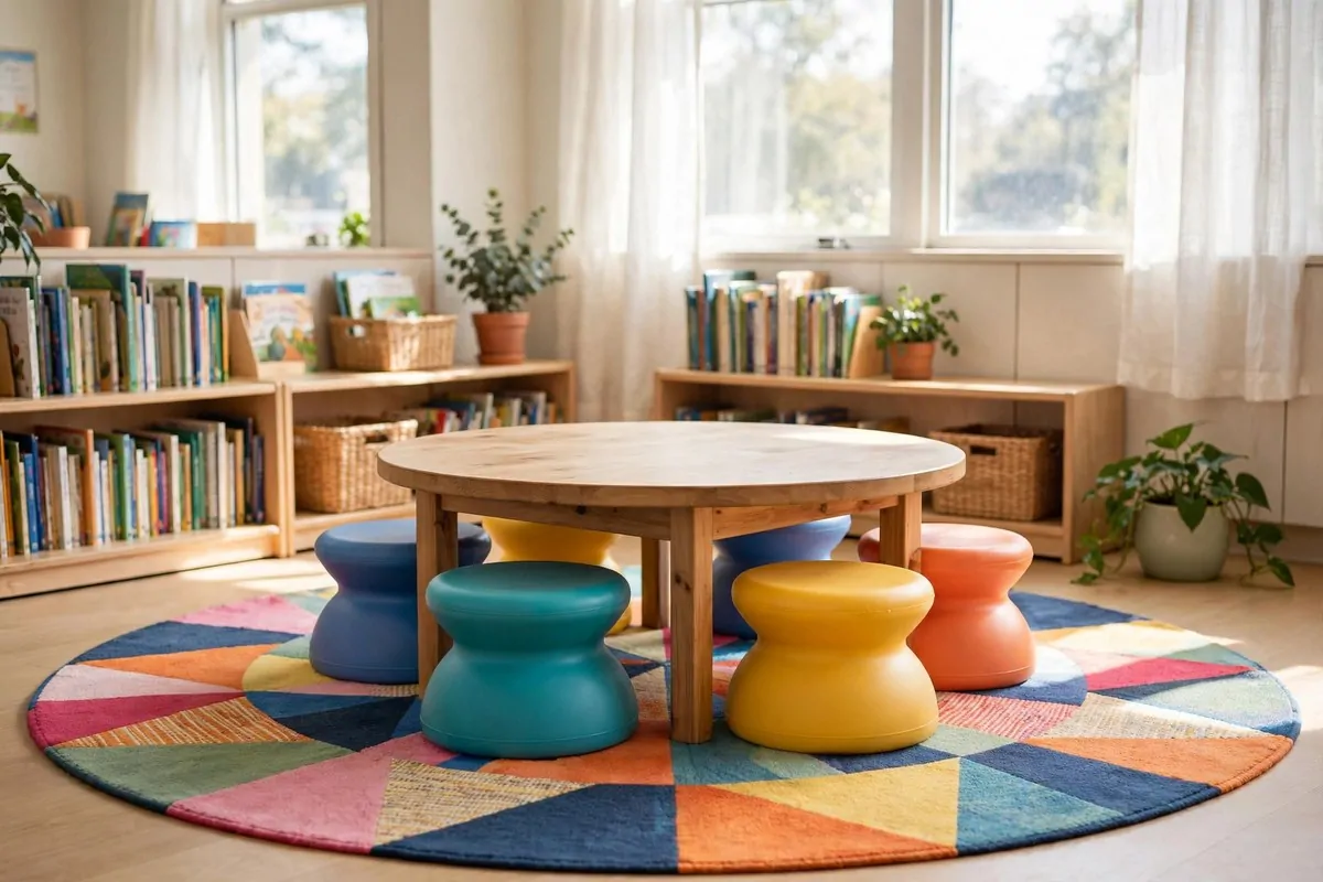 22 Small Classroom Ideas That Make Every Inch Work 19 Small wobble stools tucked under a low round table on a colorful rug