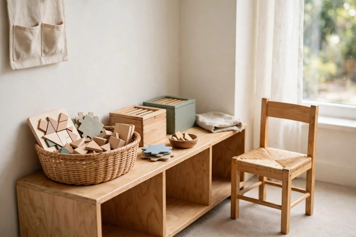 22 Small Classroom Ideas That Make Every Inch Work 20 A basket with puzzles and quiet activity boxes on a low shelf with a small chair