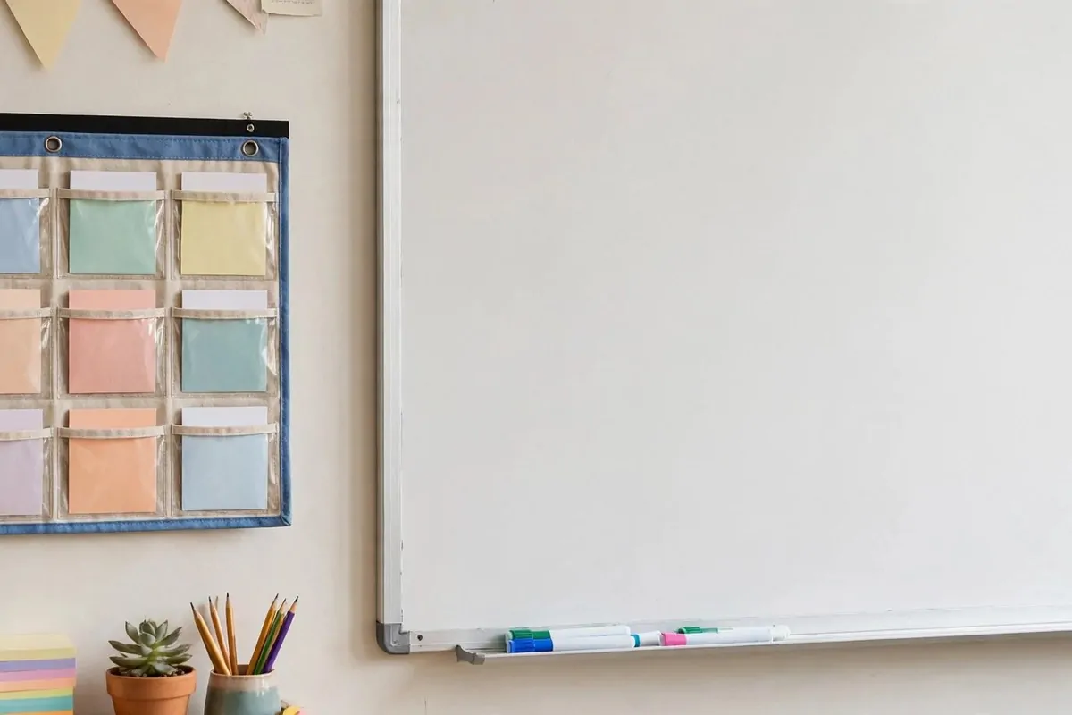22 Small Classroom Ideas That Make Every Inch Work 21 A small wall mounted pocket chart with blank job cards beside a whiteboard