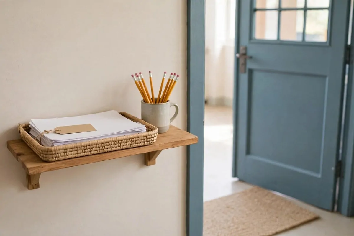 22 Small Classroom Ideas That Make Every Inch Work 22 A small shelf near a classroom door with a tray for unnamed papers and a pencil cup