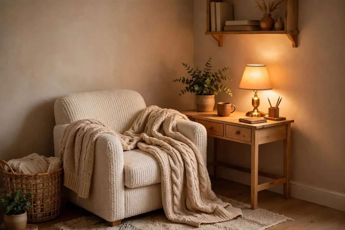 A small cozy home office corner with a soft armchair, warm lamp glow, knitted blanket and a tiny wooden desk, warm hug-like light