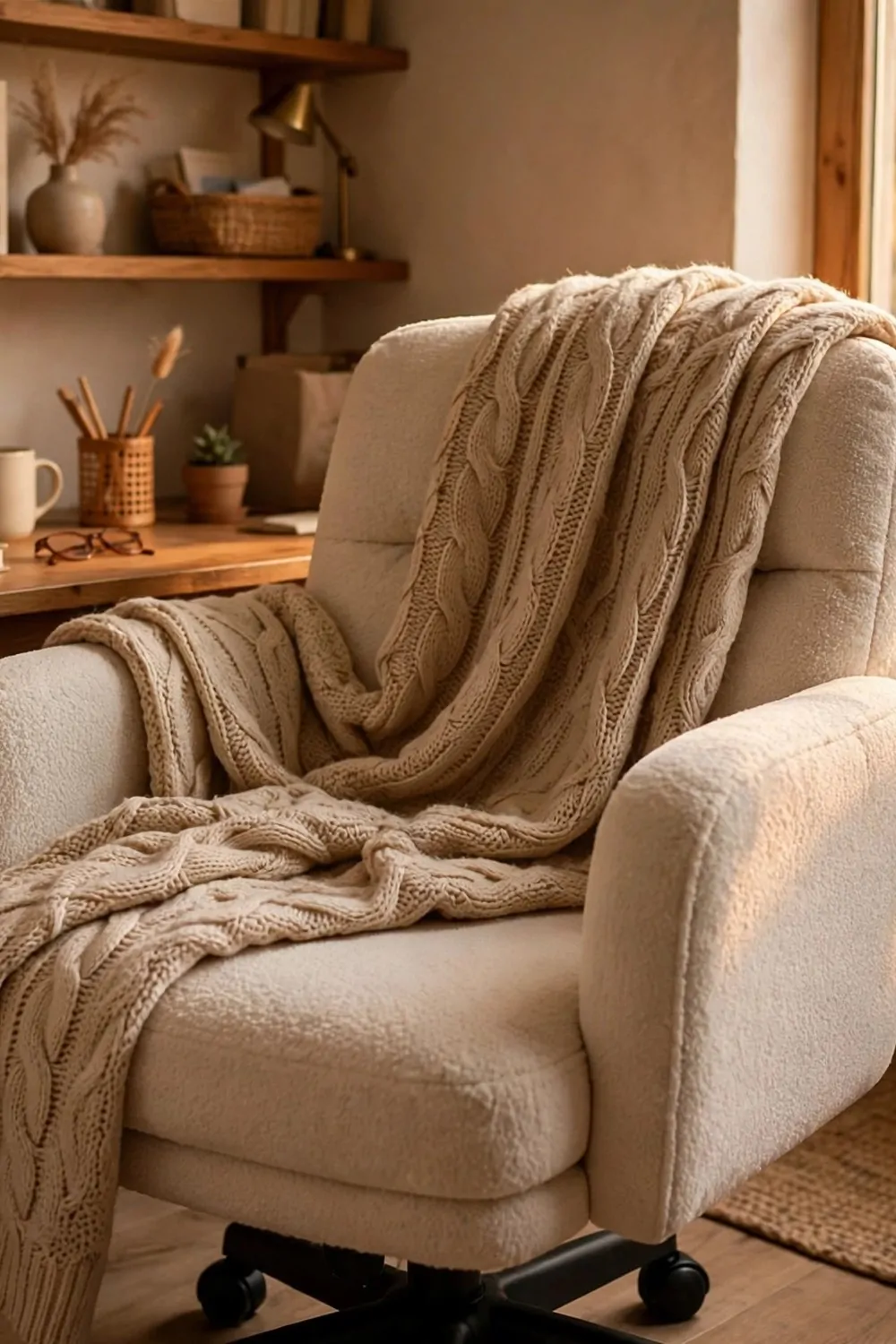 22 Small Cozy Office Setups That Feel Like a Hug 1 A soft cushioned office chair with a knitted throw blanket draped over it in a small cozy home office, warm light