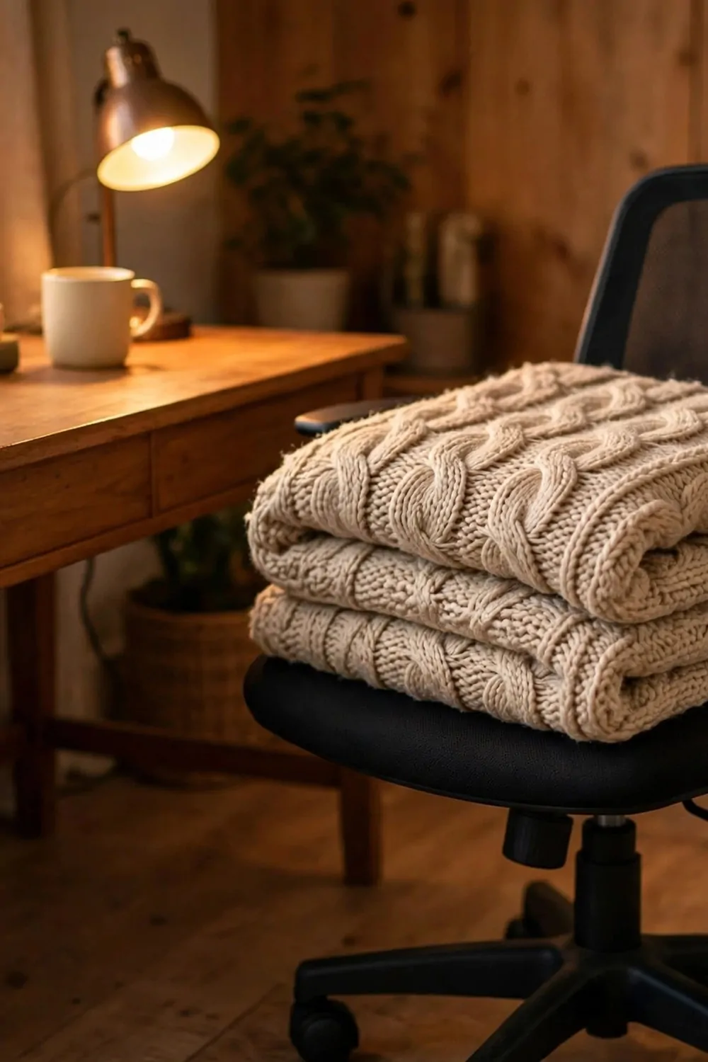 22 Small Cozy Office Setups That Feel Like a Hug 2 A folded soft knitted blanket on a small office chair beside a wooden desk, warm cozy light