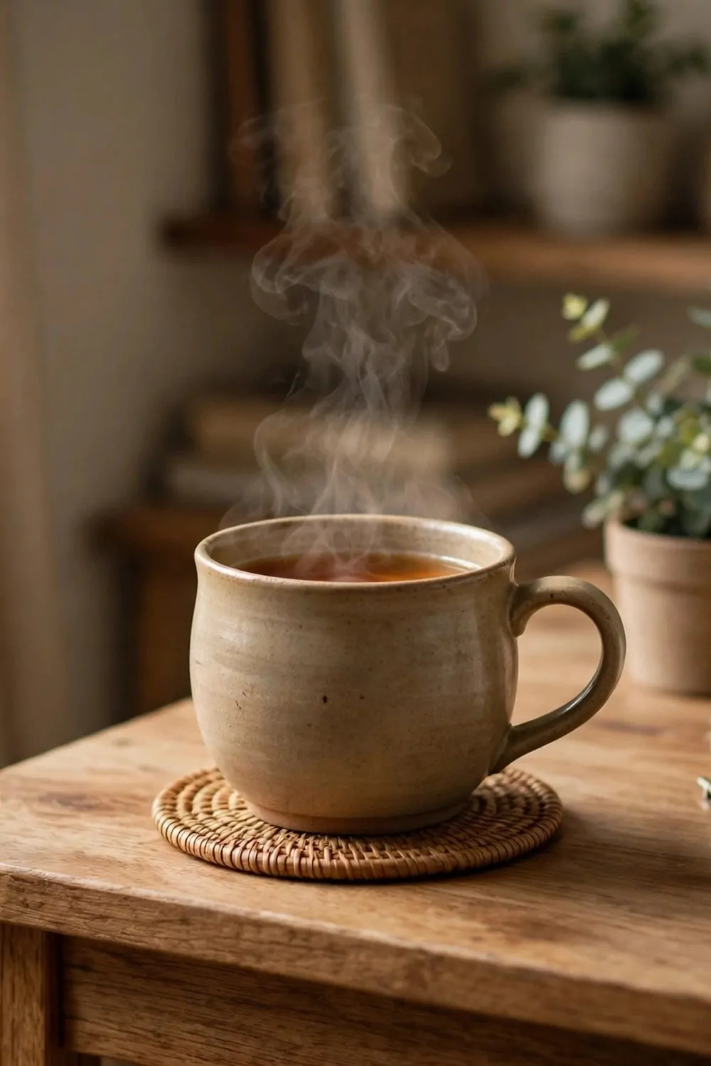 22 Small Cozy Office Setups That Feel Like a Hug 3 A warm ceramic mug of tea steaming on a small wooden desk in a cozy home office, soft light