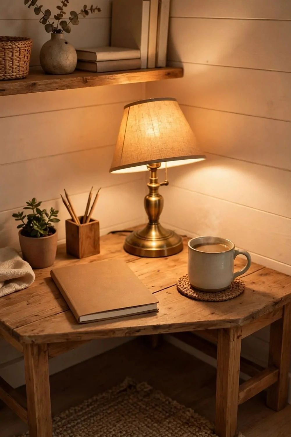 22 Small Cozy Office Setups That Feel Like a Hug 4 A small wooden desk that fits into a tiny cozy home office corner, warm lamp, notebook and mug
