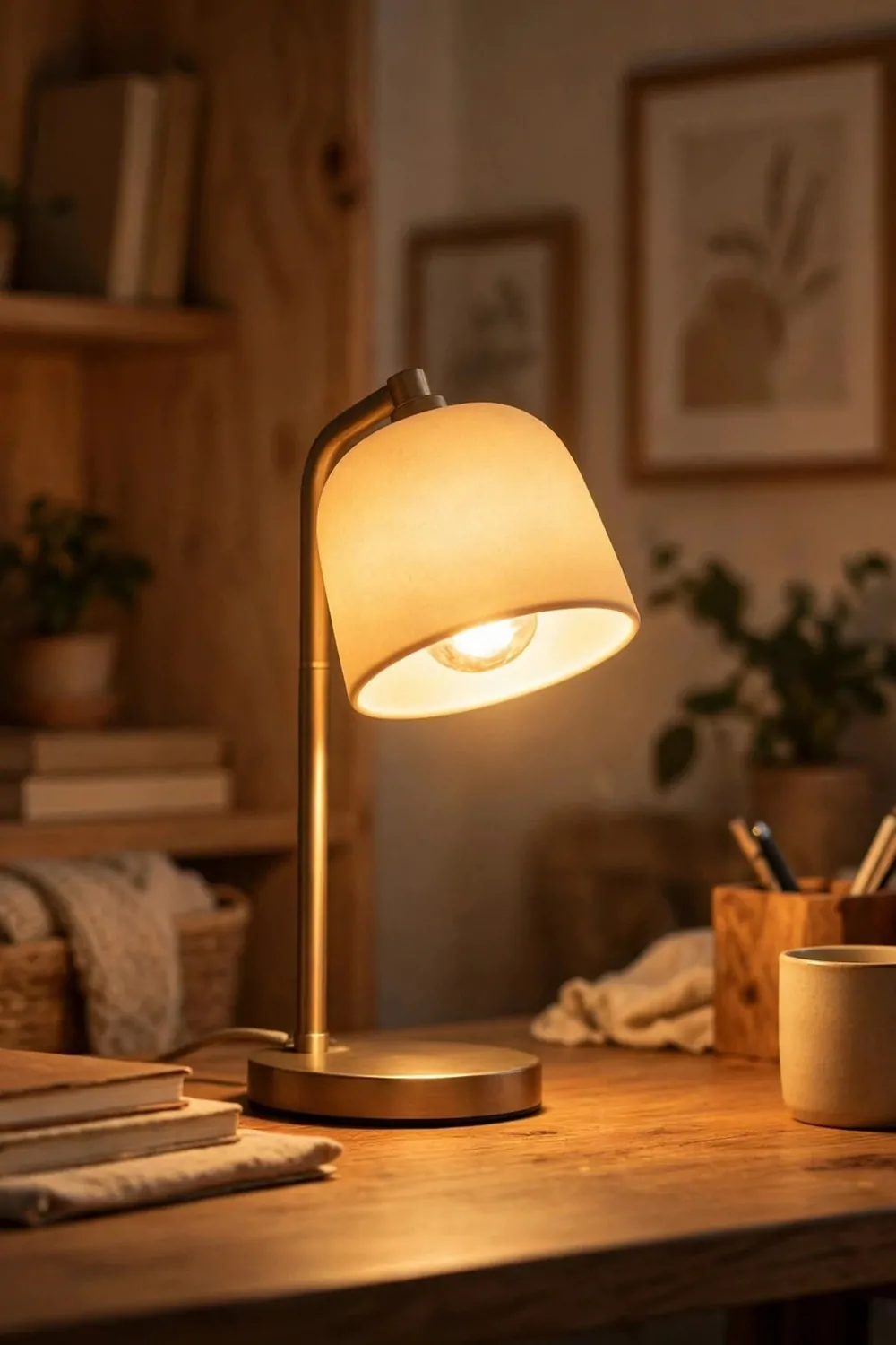 22 Small Cozy Office Setups That Feel Like a Hug 5 A small warm desk lamp glowing at eye level in a cozy home office, soft golden light