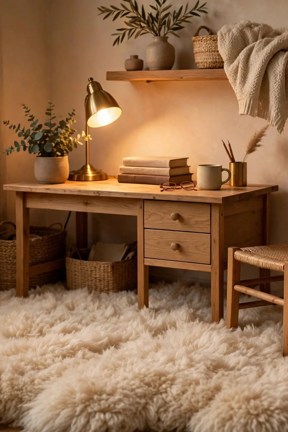 22 Small Cozy Office Setups That Feel Like a Hug 6 A soft fluffy rug under a small wooden desk and chair in a cozy home office, warm light