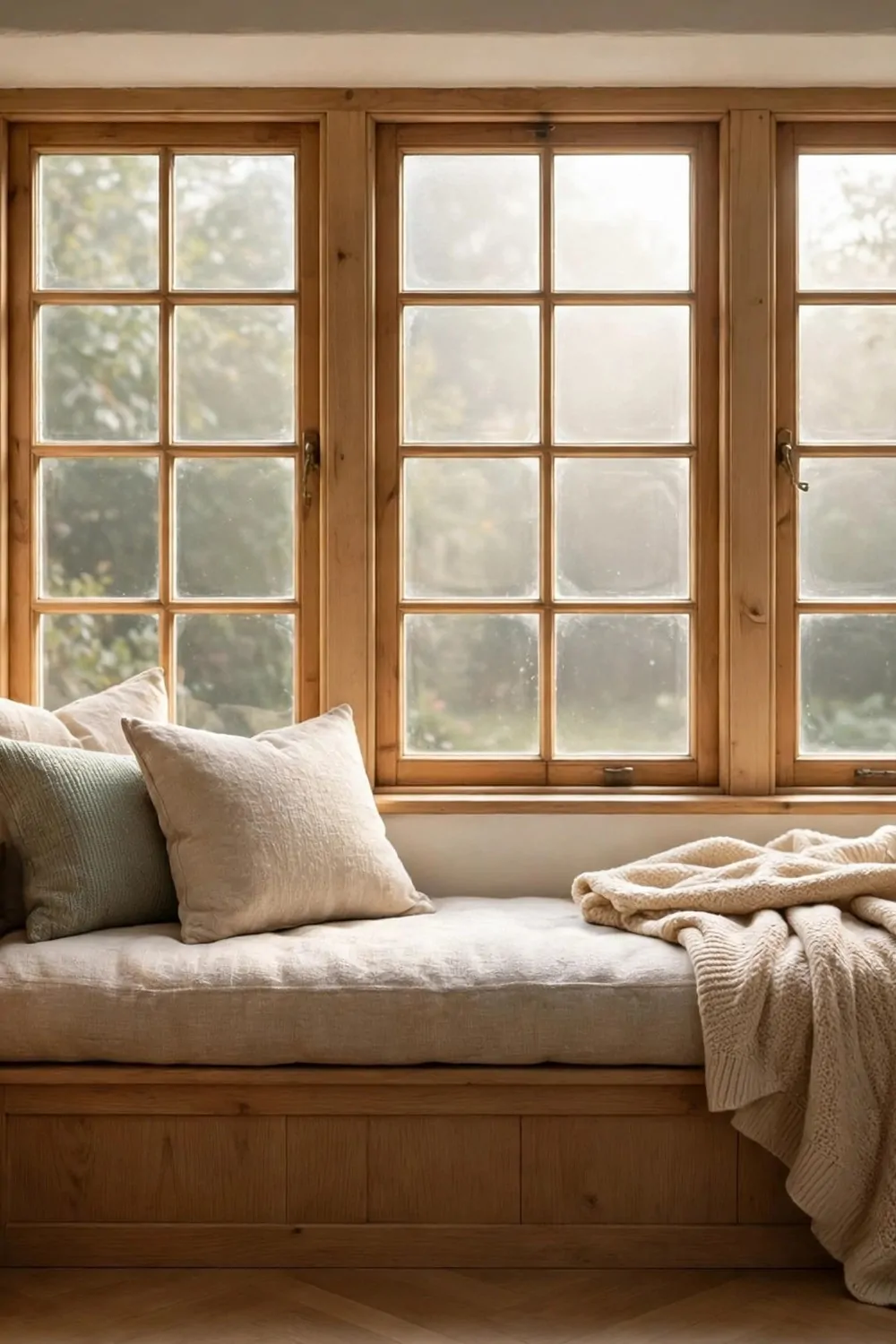 22 Small Cozy Office Setups That Feel Like a Hug 7 A small window nook with a cushion and blanket in a cozy home office, soft morning light