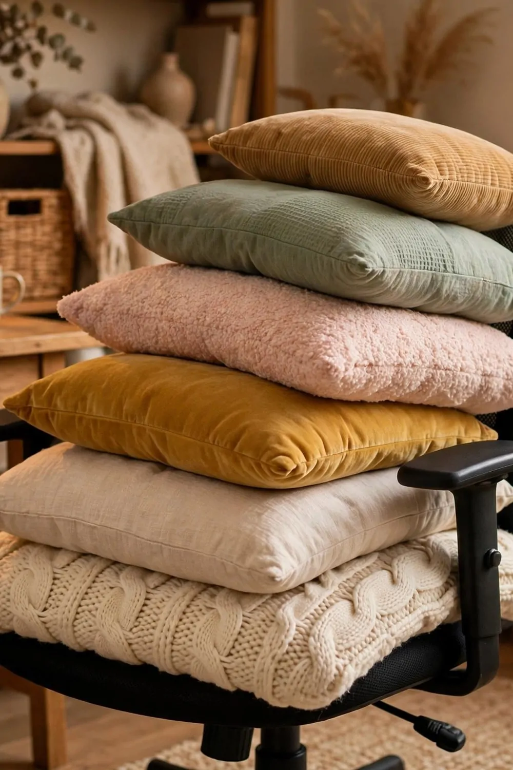 22 Small Cozy Office Setups That Feel Like a Hug 8 Soft cushions piled on a small office chair in a cozy home office, warm light