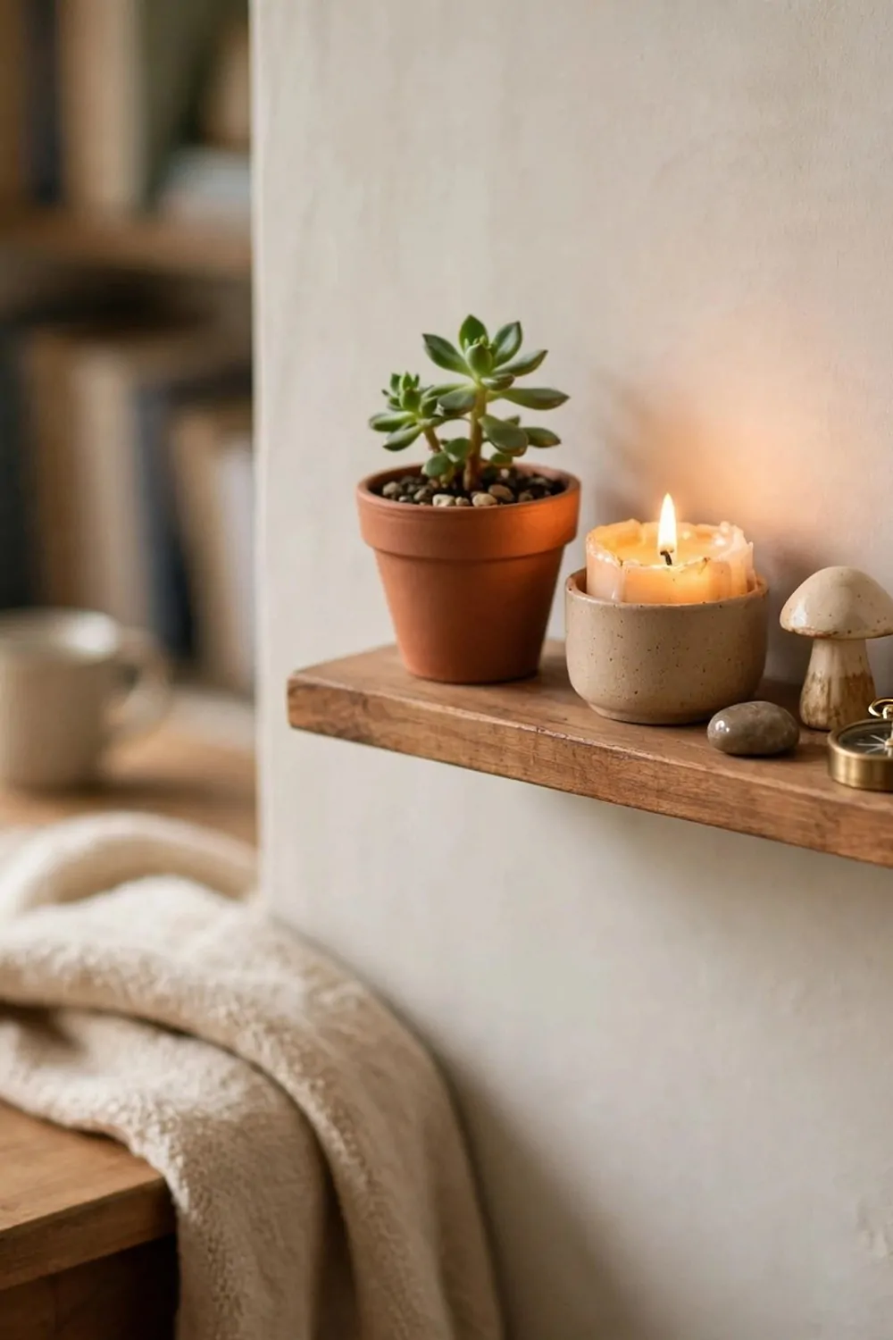 22 Small Cozy Office Setups That Feel Like a Hug 9 A little wooden shelf with a few favourite things, a small plant and a candle, in a cozy home office