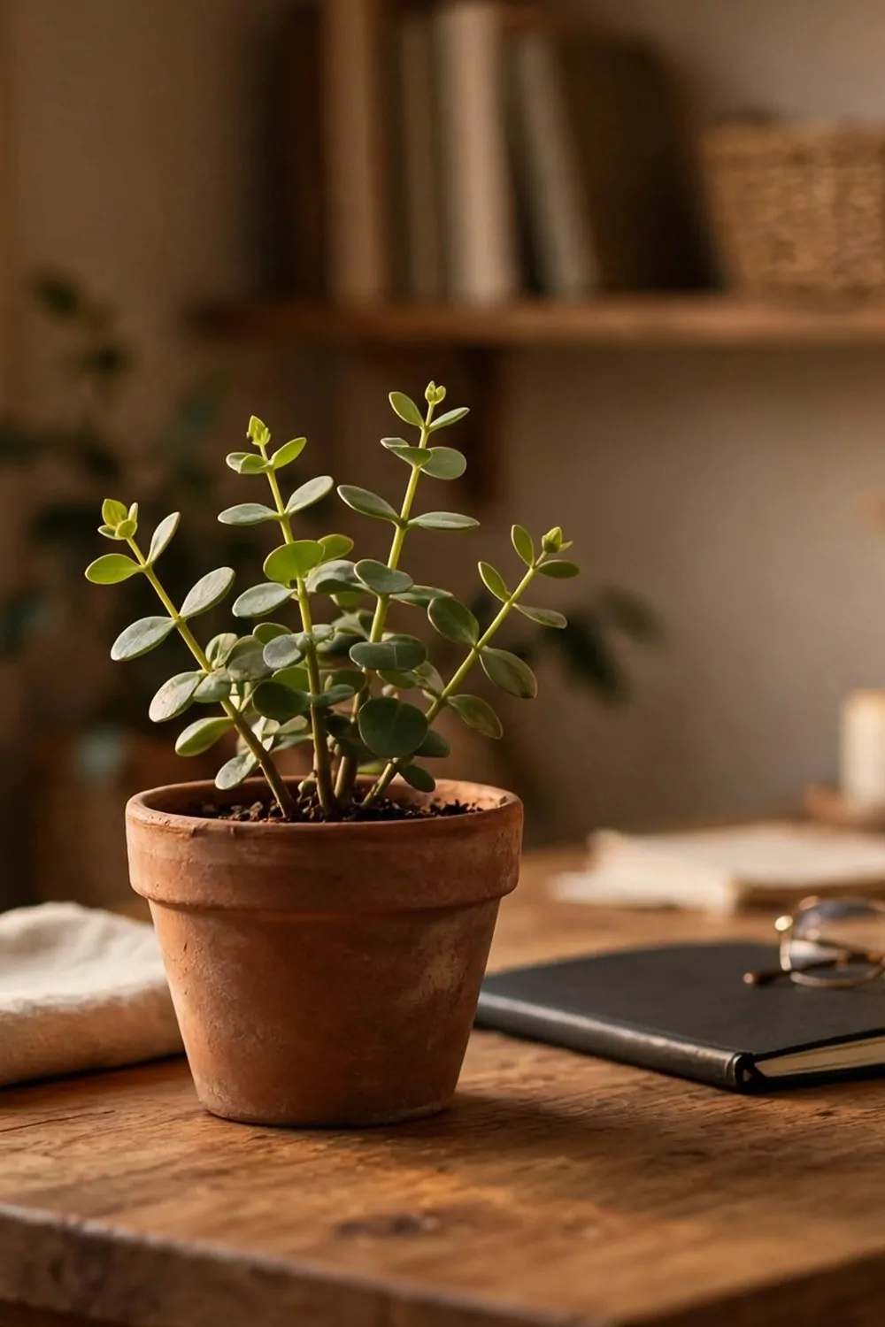 22 Small Cozy Office Setups That Feel Like a Hug 10 A small green plant in a clay pot on a wooden desk in a cozy home office, warm light