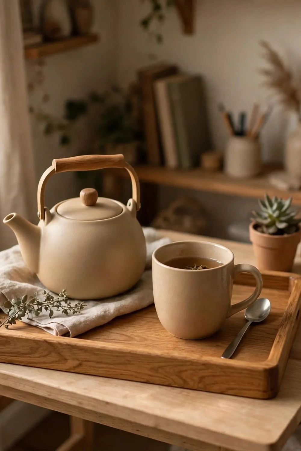 22 Small Cozy Office Setups That Feel Like a Hug 11 A warm wooden tray with a teapot and mug on a small desk in a cozy home office, soft light