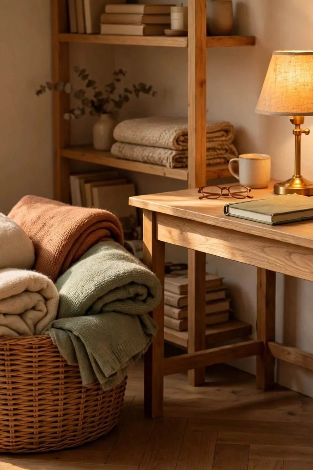 22 Small Cozy Office Setups That Feel Like a Hug 12 A woven basket with folded blankets beside a small desk in a cozy home office, warm light